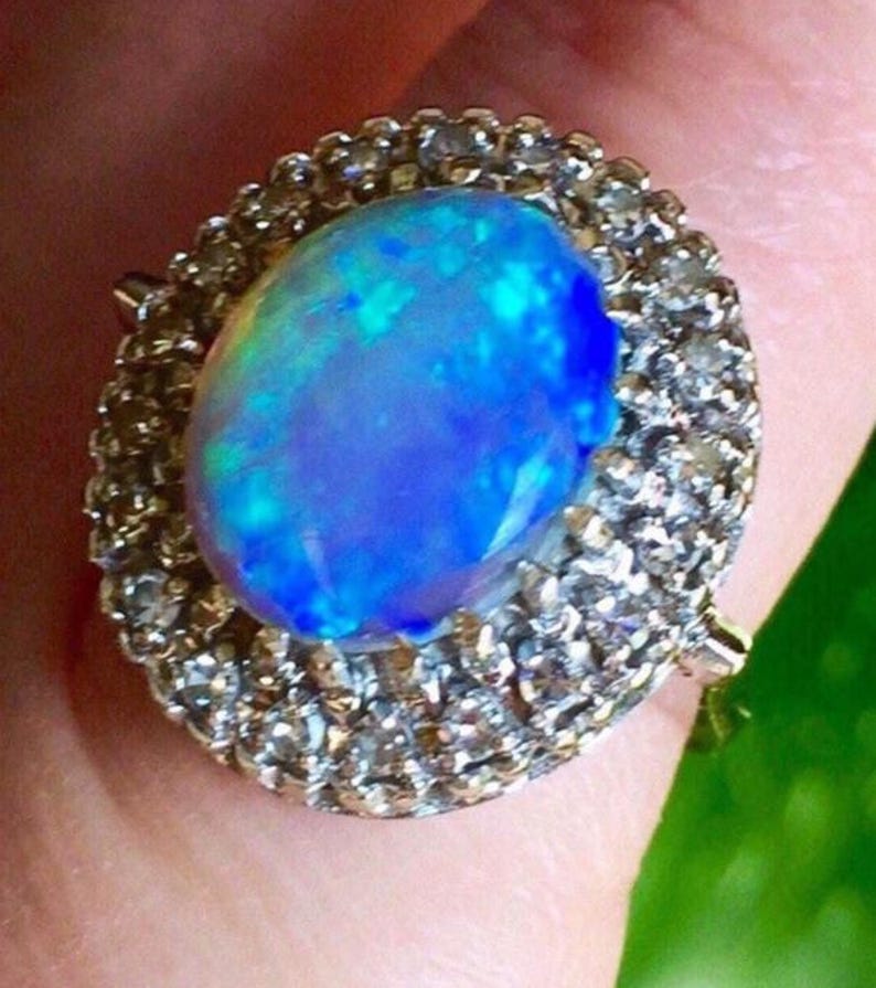 14k Black opal ring Natural Fiery black Australian Opal Diamonds Halo 14k white gold October birthstone Victorian style ring image 1