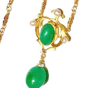 14k Victorian Fine Chrysoprase Diamond pearls necklace 14k Victorian necklace