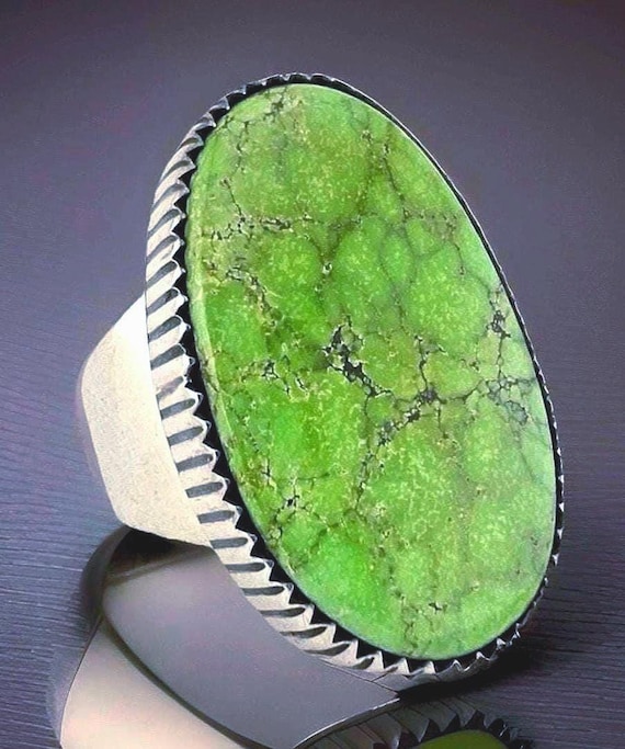 Top Grade Carico Lake Turquoise ring, Turquoise Men's Ring, Navajo Carico Lake Turquoise Ring, Green spiderweb turquoise ring