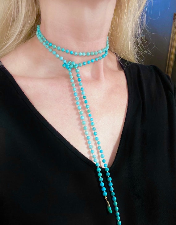 Victorian 52” Untreated Turquoise antique necklac… - image 4