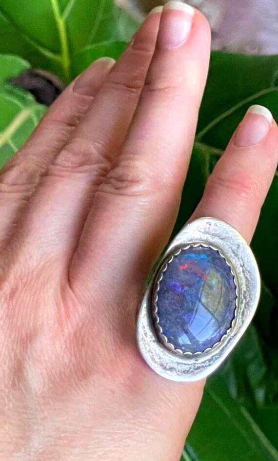 Black Opal ring October birthstone ring Native American style possibly Navajo opal ring bird ring harlequin opal