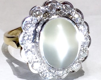 14k Cats eye Moonstone diamonds halo ring Cat's eye cabochon Victorian Daisy 14k ring