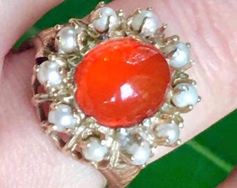 Anello con alone di perle in opale messicano 14k e pietra portafortuna di ottobre