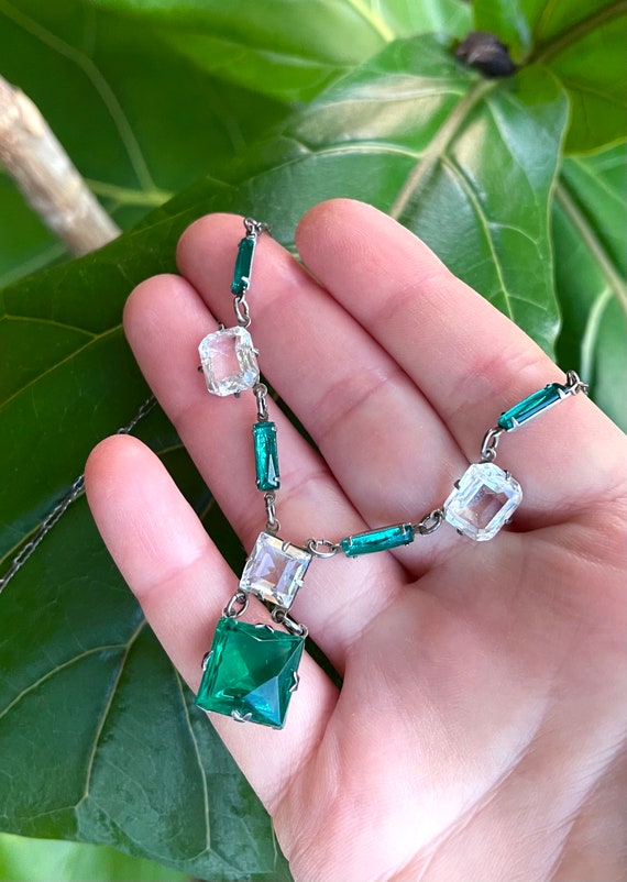 Art Deco emerald PASTE Sterling necklace