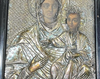 BIG Antique handpainted Icon Sterling Silver handpainted Greek Icon Panagia Orthodox handpainted icon