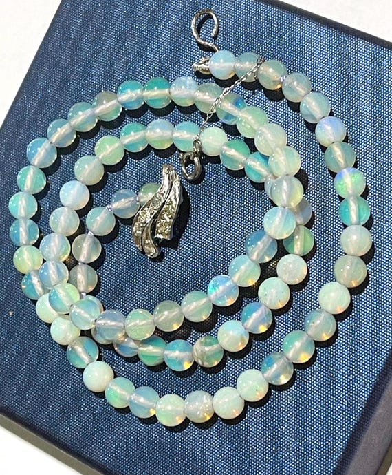 Platinum Opal Diamonds necklace  Lightning Ridge Opal round beads necklace semiblack australian opal beads necklace