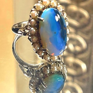 14k black Australian opal pearl halo ring pearl seed Antique vintage 14k gold ring