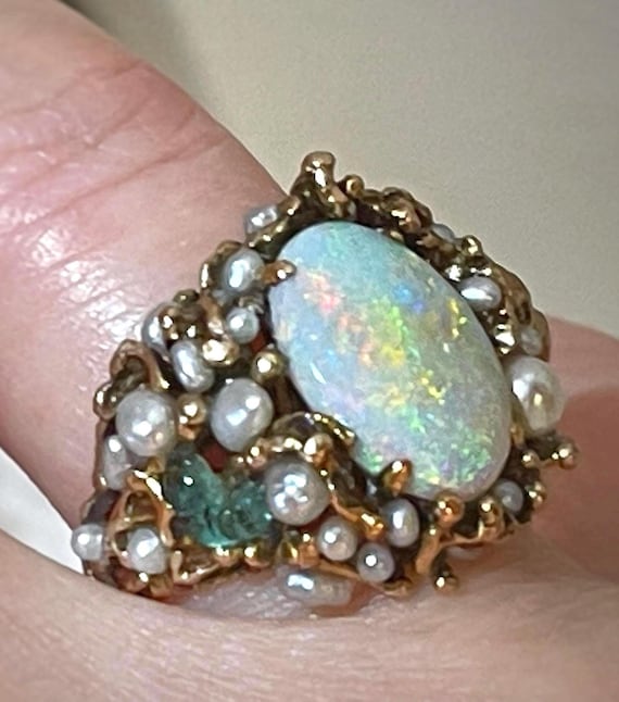 14k Brutalist opal ring Australian semiblack Opal ring October birthstone Brutalist Modernist 14k opal pearl seed ring