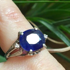 Anello in oro 14k con diamanti e zaffiro naturale da 4,20 TCW, stile Art Déco, con diamanti VS.