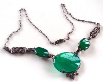Auténtico Art Déco Grandes piedras adornadas plata de ley marcasita 1895-1935 collar de crisoprasa