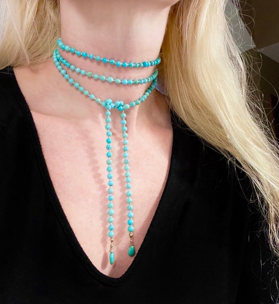 Victorian 52” Untreated Turquoise antique necklac… - image 3
