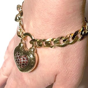 Big 9k Enamel padlock Garnet BRACELET 9K GOLD curb link bracelet padlock Heart clasp vintage English made can be necklace image 2