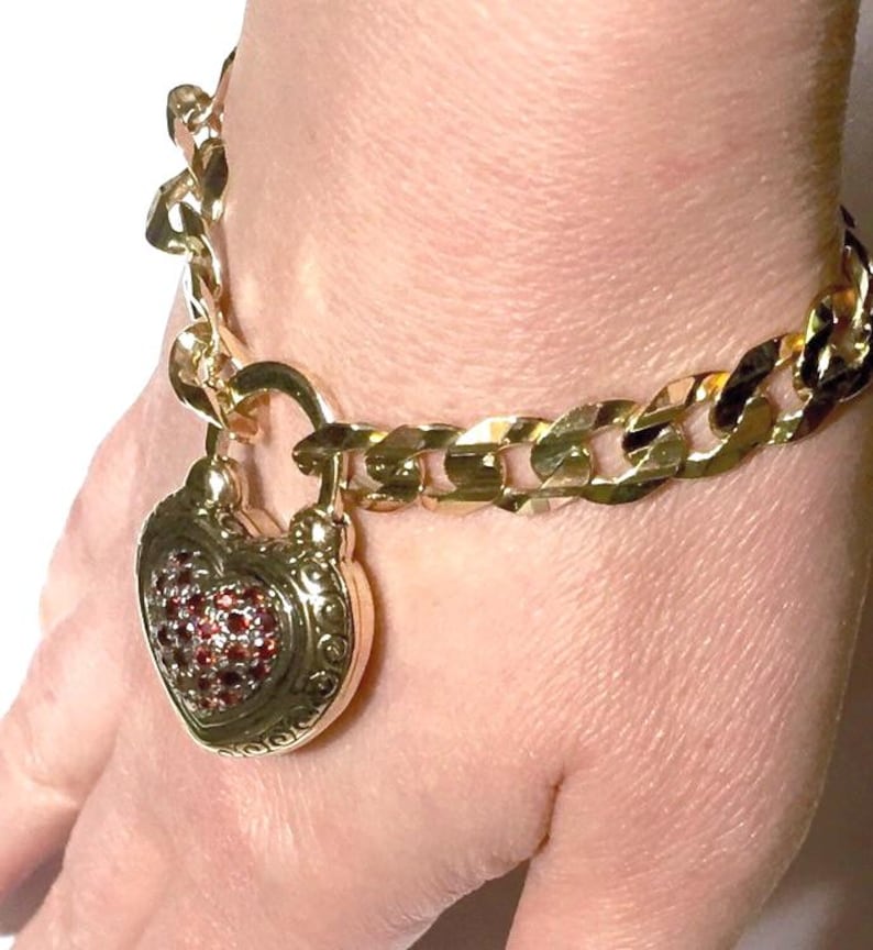 Big 9k Enamel padlock Garnet BRACELET 9K GOLD curb link bracelet padlock Heart clasp vintage English made can be necklace image 2