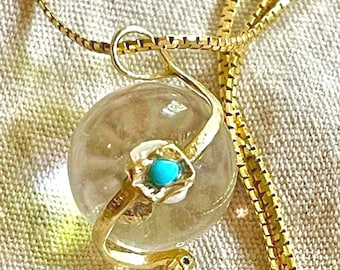 14K Pools of light Orb Crystal Quartz Rock Pools Of Light Ball Sphere turquoise diamond and pearls pendant Modernist orb pendant