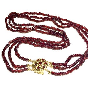 14k Garnet necklace Art Deco (post ArtDeco) natural faceted garnet beads triple strand jeweled clasp necklace