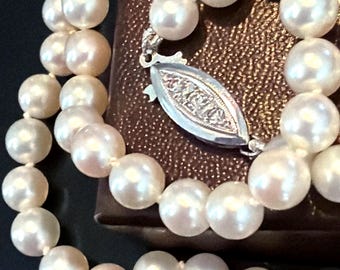 14k Art Deco diamond clasp pearl necklace Akoya saltwater pearls necklace with diamond clasp