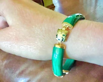 Pulsera de malaquita de 14 k con cierre de dragón