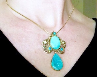 Large 15k gold Victorian Antique Turquoise Diamonds Pendant Brooch