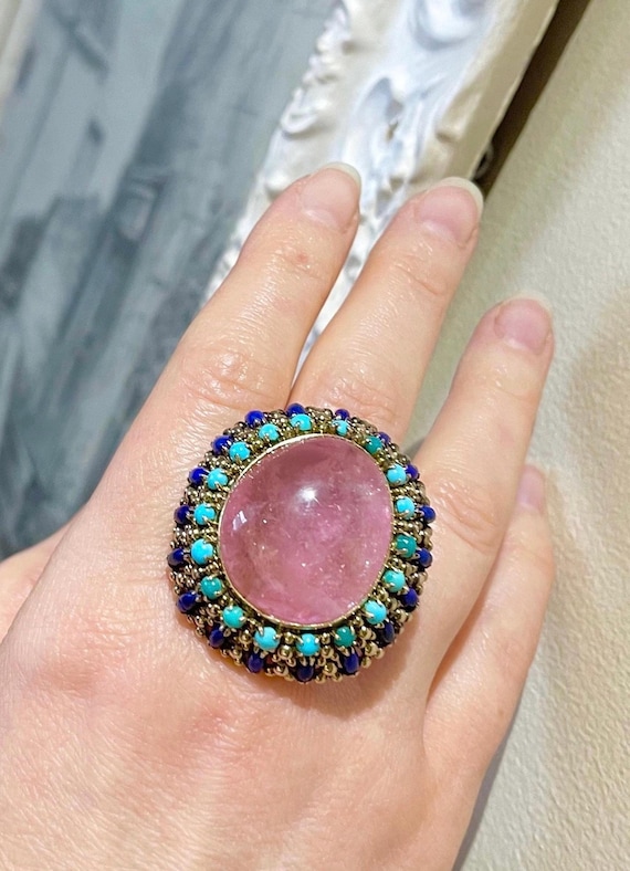 HUGE 15k Victorian Pink tourmaline turquoise hali lapis handmade ring