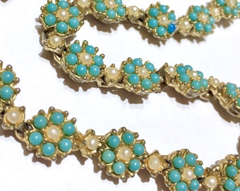 Vintage Riviere Rivière Blau Paste Türkis Pave Paste Perle Blumen Floral Perlensamen Französisch Halskette
