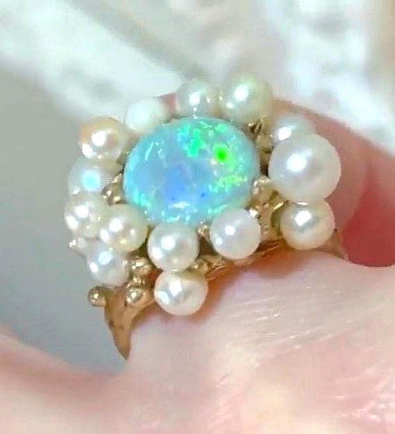 14k Modernist opal ring Australian semiblack Opal ring October birthstone Modernist 14k opal saltwater pearls ring