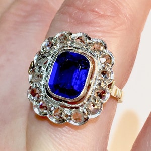 French 18k daisy diamond ring Rare French Authentic antique Rose cut Diamonds blue stone 18k gold Platinum DAISY Ring dog eagle hallmarks