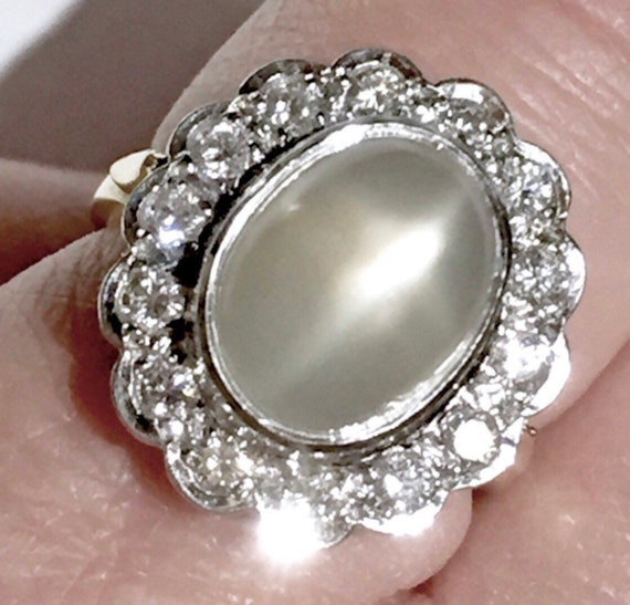 14k Cats eye Moonstone diamonds halo ring Cat's e… - image 2