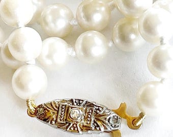Antique 18k rose cut Diamonds Saltwater pearls necklace Victorian to Art Deco Diamond clasp Long saltwater pearls 18k diamond necklace
