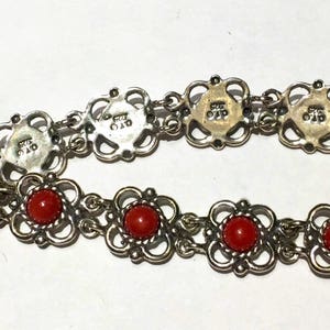 Blood Red Coral sterling silver flower link bracelet image 3