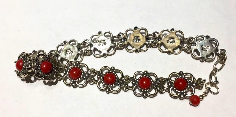 Blood Red Coral sterling silver flower link bracelet image 3