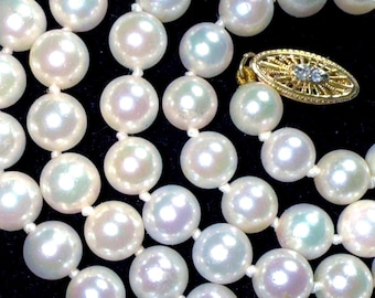 Art Deco 30” 14k Diamonds Saltwater pearls necklace Art Deco Diamond clasp Long Opera pearls necklace akoya necklace