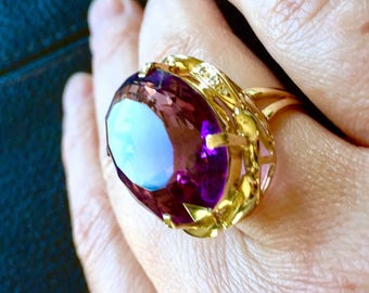 Huge 20.48Ct Natural Amethyst And Diamond 18k gold Vintage Ring February birthstone