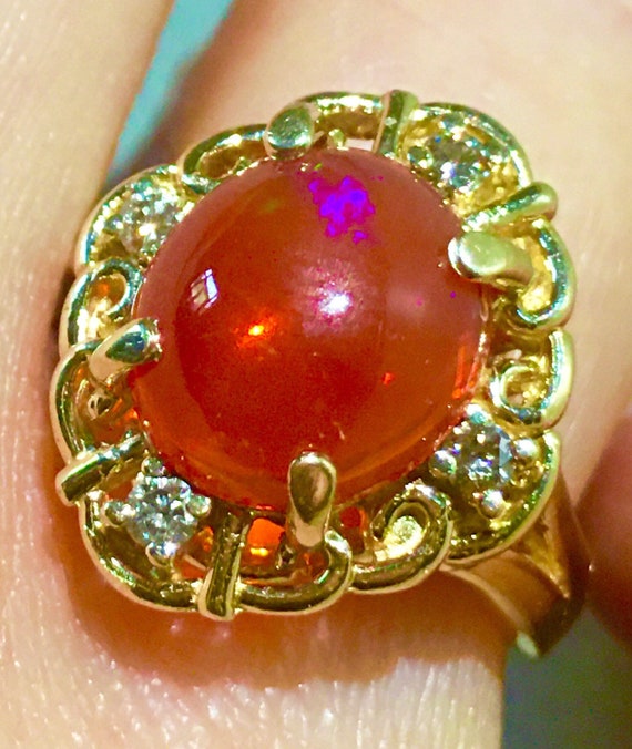 Rare precious Fire Opal Mexican opal diamonds 14k… - image 1