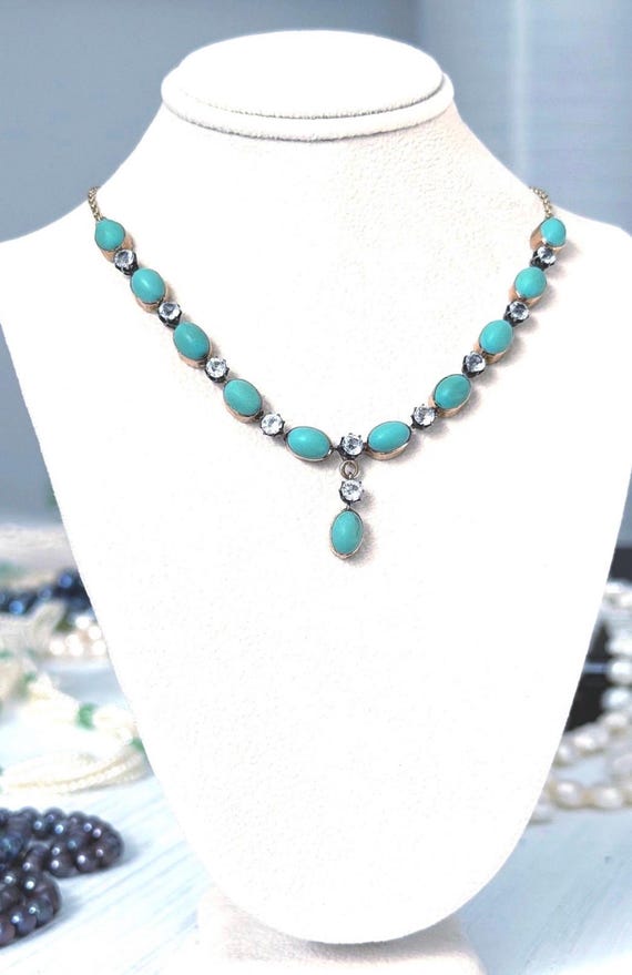 14k gold Natural turquoise necklace Victorian turquoise lariat necklace