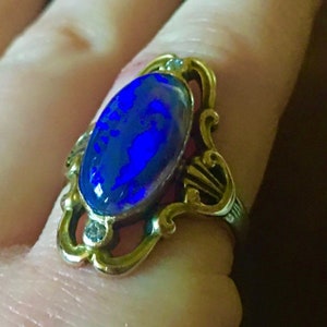 14k black opal diamond ring Australian Black Crystal Opal 14k gold diamonds October birthstone Handmade antique Victorian to post Victorian
