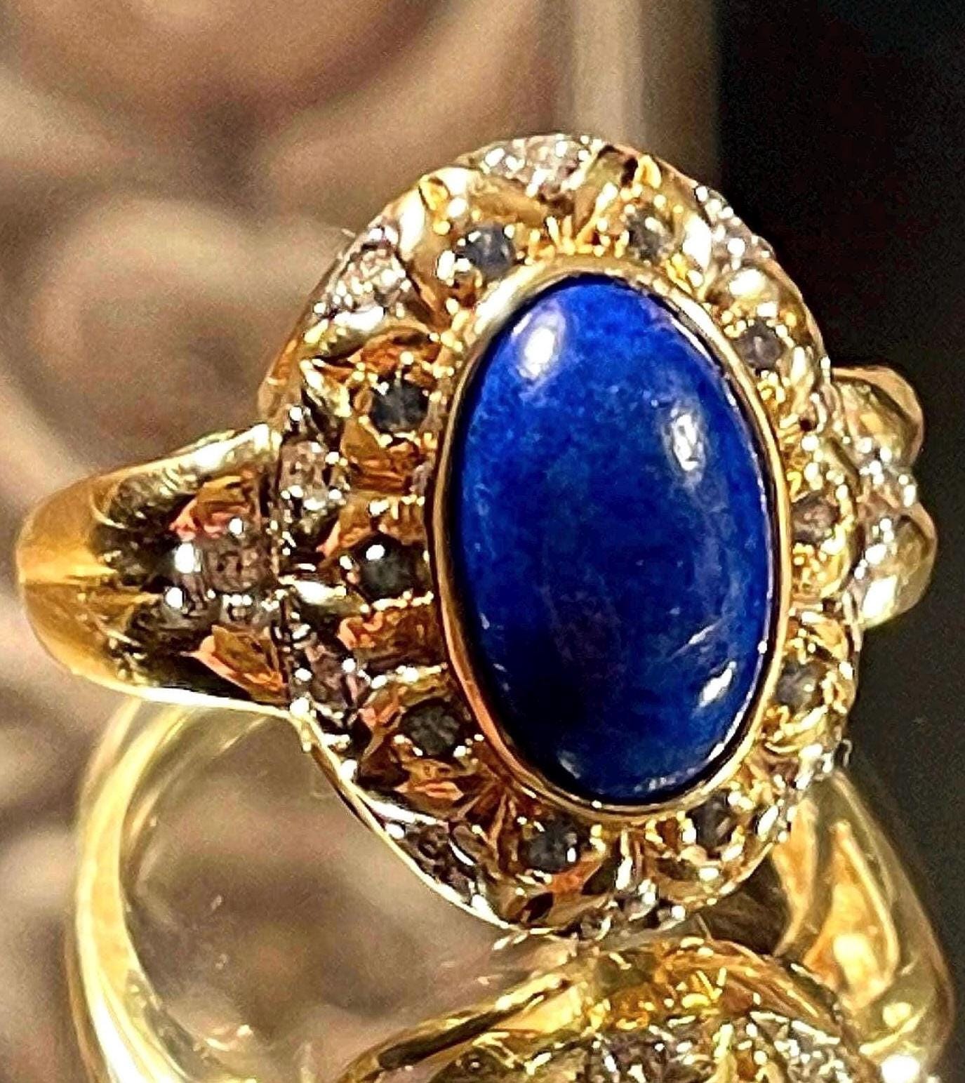 14k Lapis ring Lapis with Blue Diamond double halo fine ring Cornflower blue diamonds