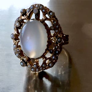 14k Victorian natural Moonstone Pearl seeds with enamel 14k antique vintage Victorian chatoyant moonstone cats eye moonstone ring