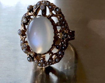 14k viktorianischer natürlicher Mondstein Perle Samen mit Emaille 14k antiker vintage viktorianischer Chatoyant Mondstein Katzenauge Mondstein Ring