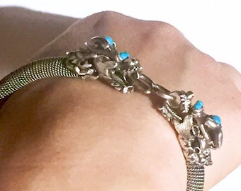 Argento Sterling cinese intagliato turchese blu come pietre mesh flessibile tessuto Bracciale con draghi