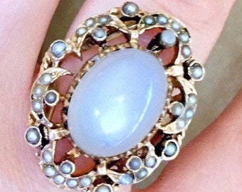 RaRe BIG Victorian natural Moonstone Pearl seeds with enamel 14k antique vintage Victorian chatoyant moonstone cats eye moonstone ring