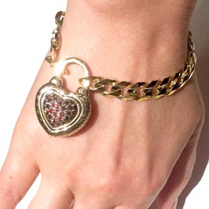 Big 9k Enamel padlock Garnet BRACELET 9K GOLD curb link bracelet padlock Heart clasp vintage English made can be necklace