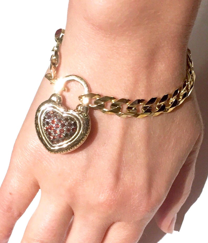 Big 9k Enamel padlock Garnet BRACELET 9K GOLD curb link bracelet padlock Heart clasp vintage English made can be necklace image 1