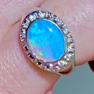 14k australian fire opal diamond halo ring 14k white gold mans woman’s October birthstone Victorian style ring