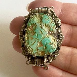 Victorian Museum piece natural Turquoise carved gold gilded sterling pendant