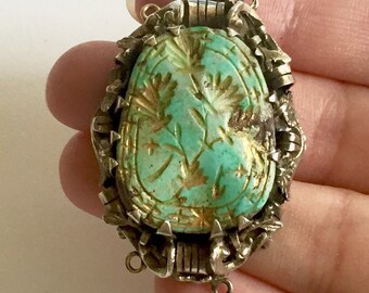 Victorian Museum piece natural Turquoise carved gold gilded sterling pendant
