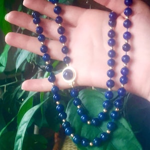 Lapis Lazuli 14k gold cabochon clasp long necklace