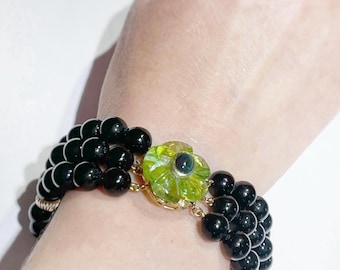 14k onyx carved flower and black opal bracelet