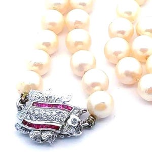 BIG diamond pearls necklace, BIG clasp diamonds and ruby long opera pearl Art Deco necklace