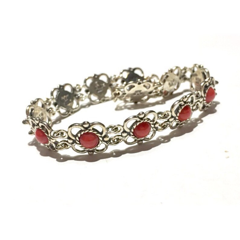 Blood Red Coral sterling silver flower link bracelet image 2