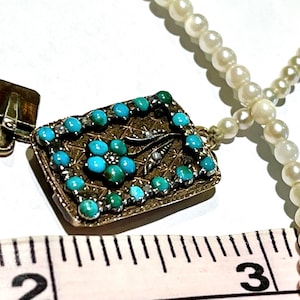 14k natural pearls turquoise Necklace Victorian forget-me-not turquoise rose cut diamonds untreated turquoise necklace